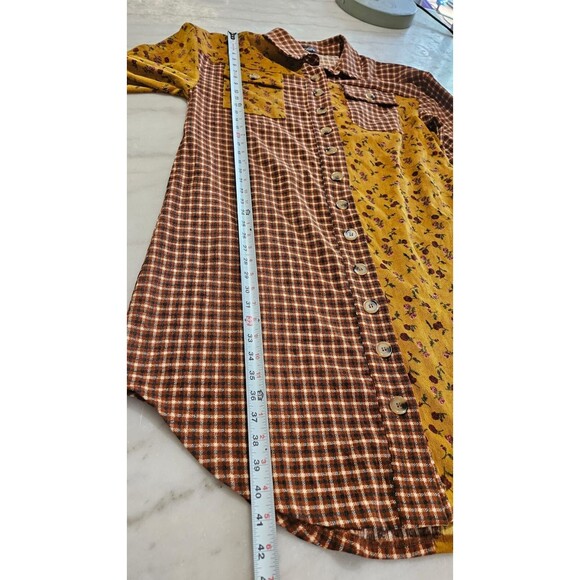 GiGio Shirt Women's Yellow Brown Patchwork Floral Plaid Top, Large - Picture 3 of 10